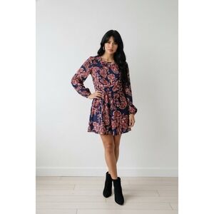 Eliza J Navy Burgundy Floral Long Sleeve Fit Flare Dress Women's Size 6 212